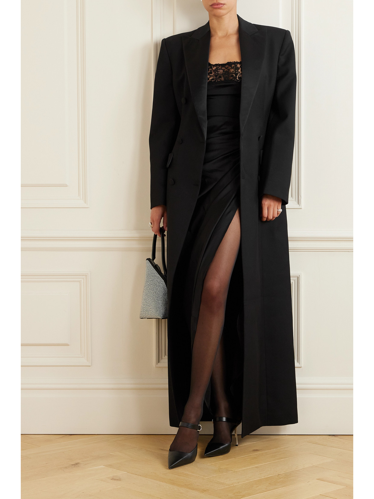 Shop Wardrobe.nyc Double-breasted Silk-satin Trimmed Wool Coat In Black