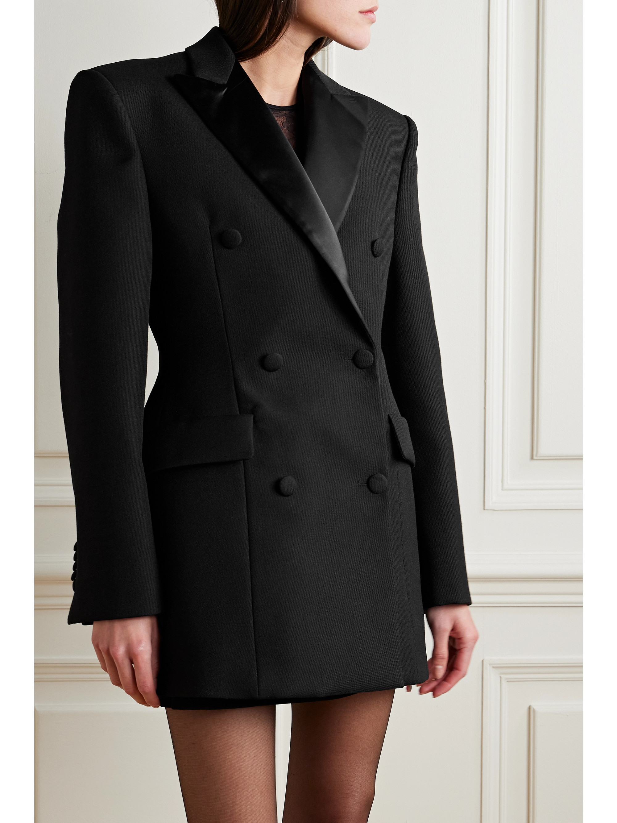 Wardrobe.NYC Silk-satin trimmed double-breasted grain de poudre wool mini dress