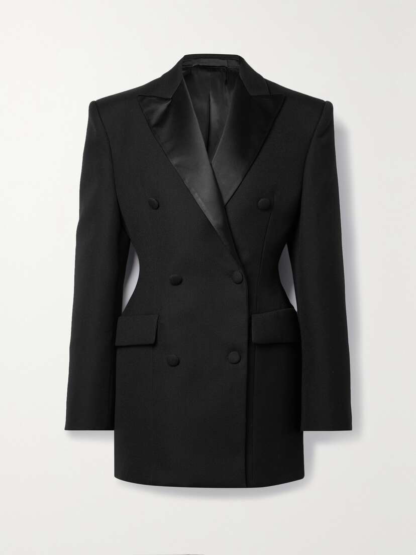 Wardrobe.NYC Silk-satin Trimmed Double-breasted Grain De Poudre Wool Mini Dress