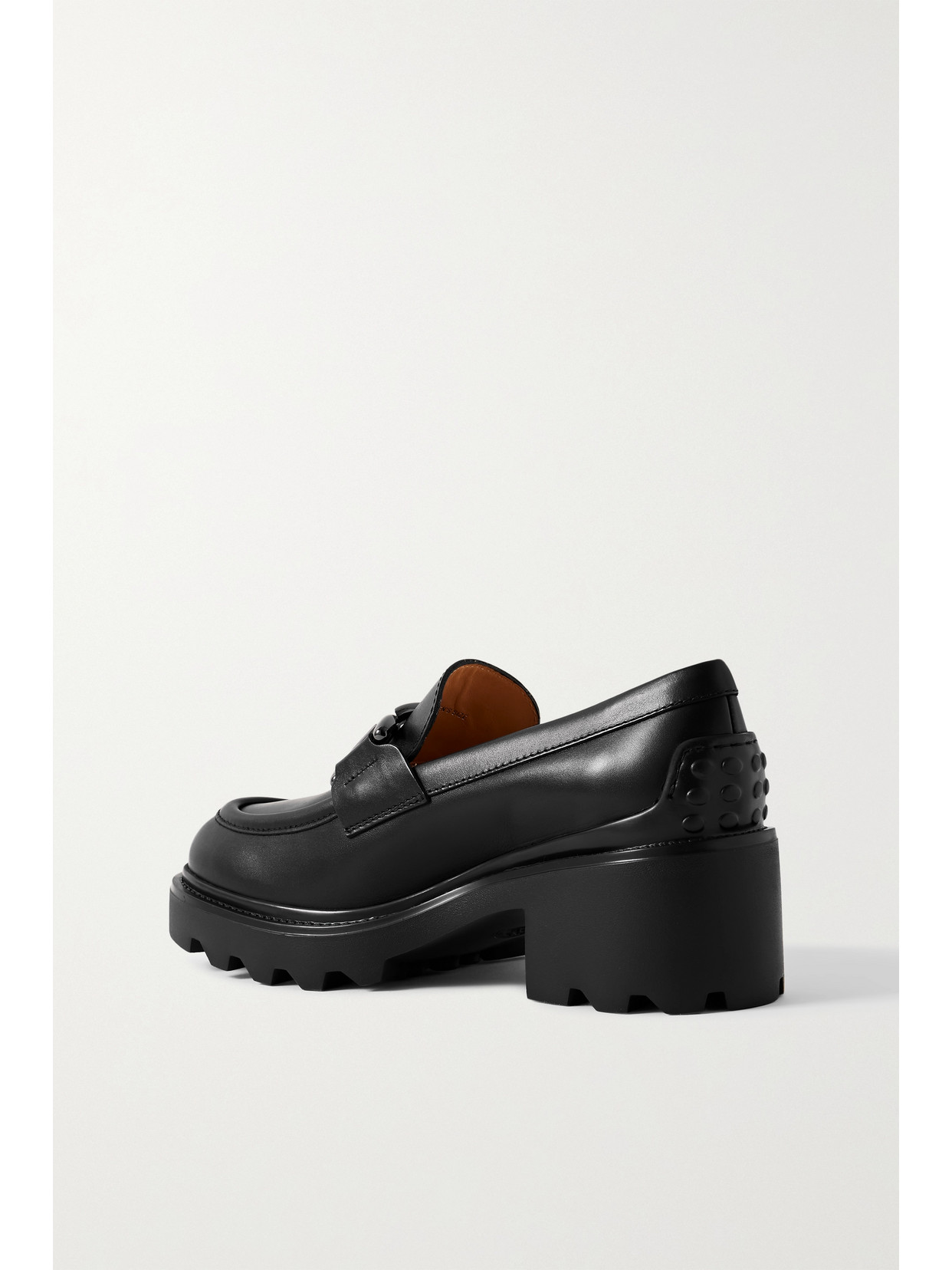 Tod's Semi-shiny Leather Heeled Loafers With Metal Chain Shoes In Black