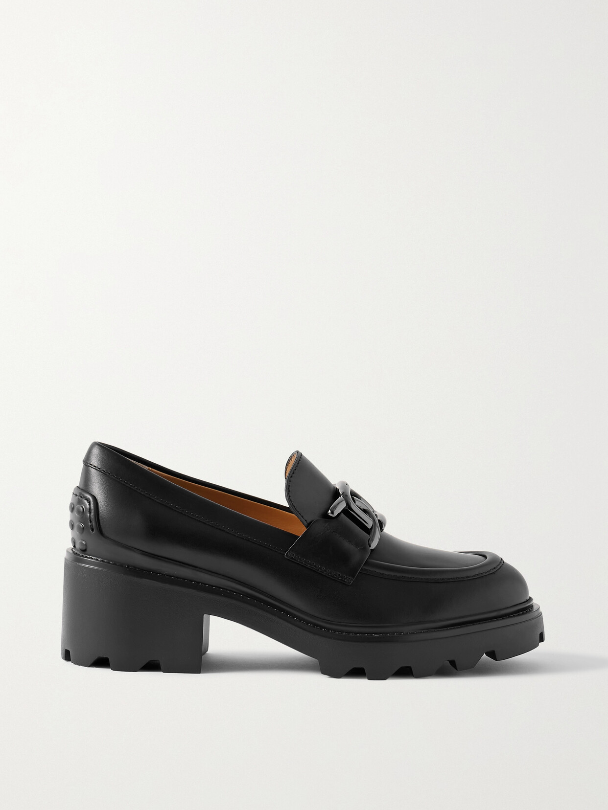 Tod's Semi-shiny Leather Heeled Loafers With Metal Chain Shoes In Black