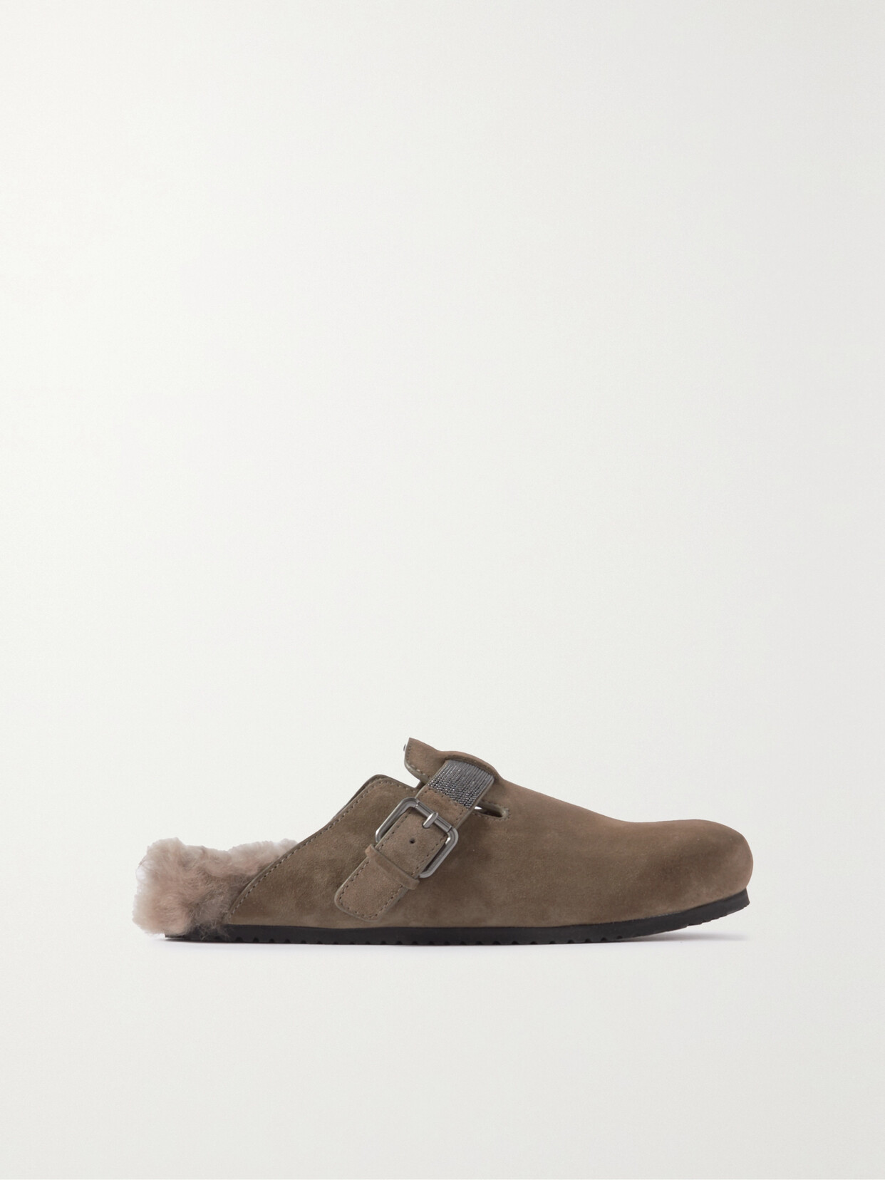 Brunello Cucinelli - Bead-embellished Shearling-lined Suede Clogs - Brown