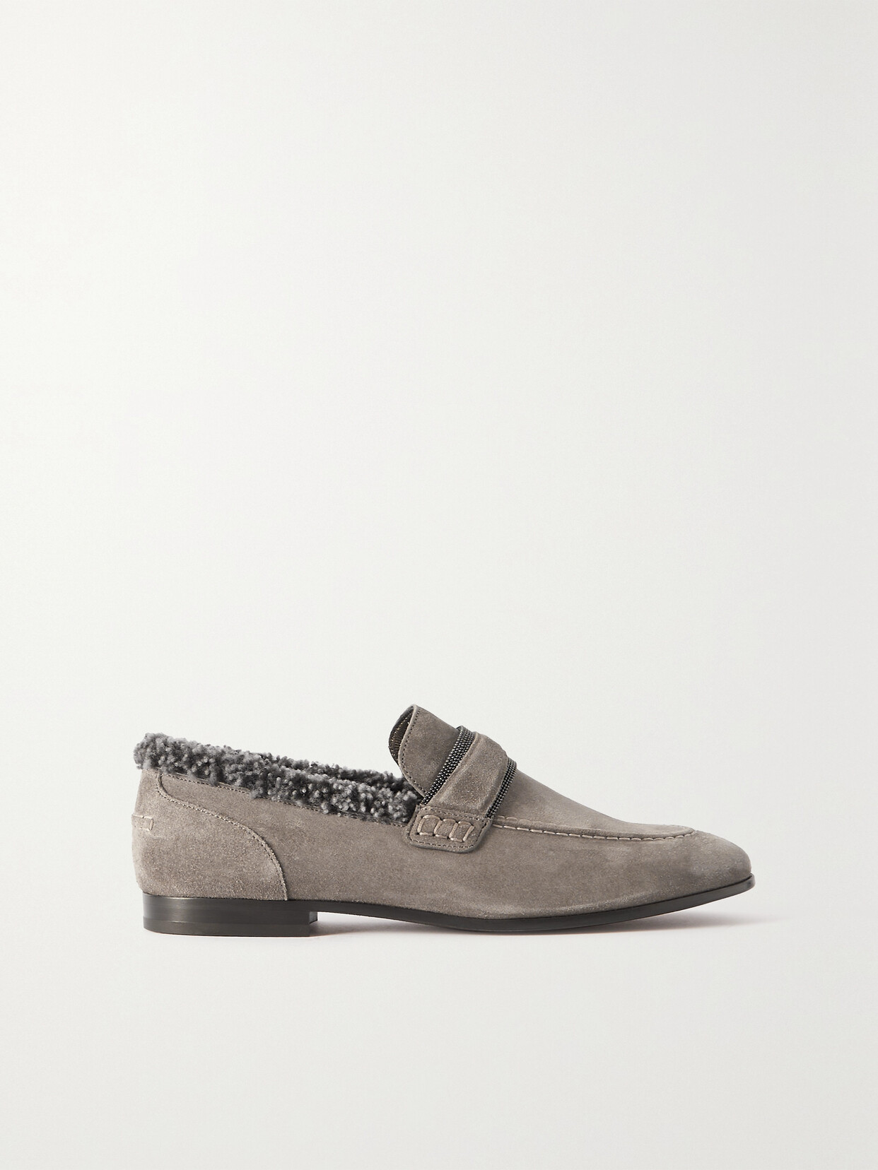 Shop Brunello Cucinelli Shearling-trimmed Embellished Suede Loafers In Gray