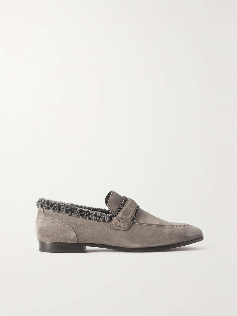 Brunello Cucinelli Shearling-trimmed Embellished Suede Loafers