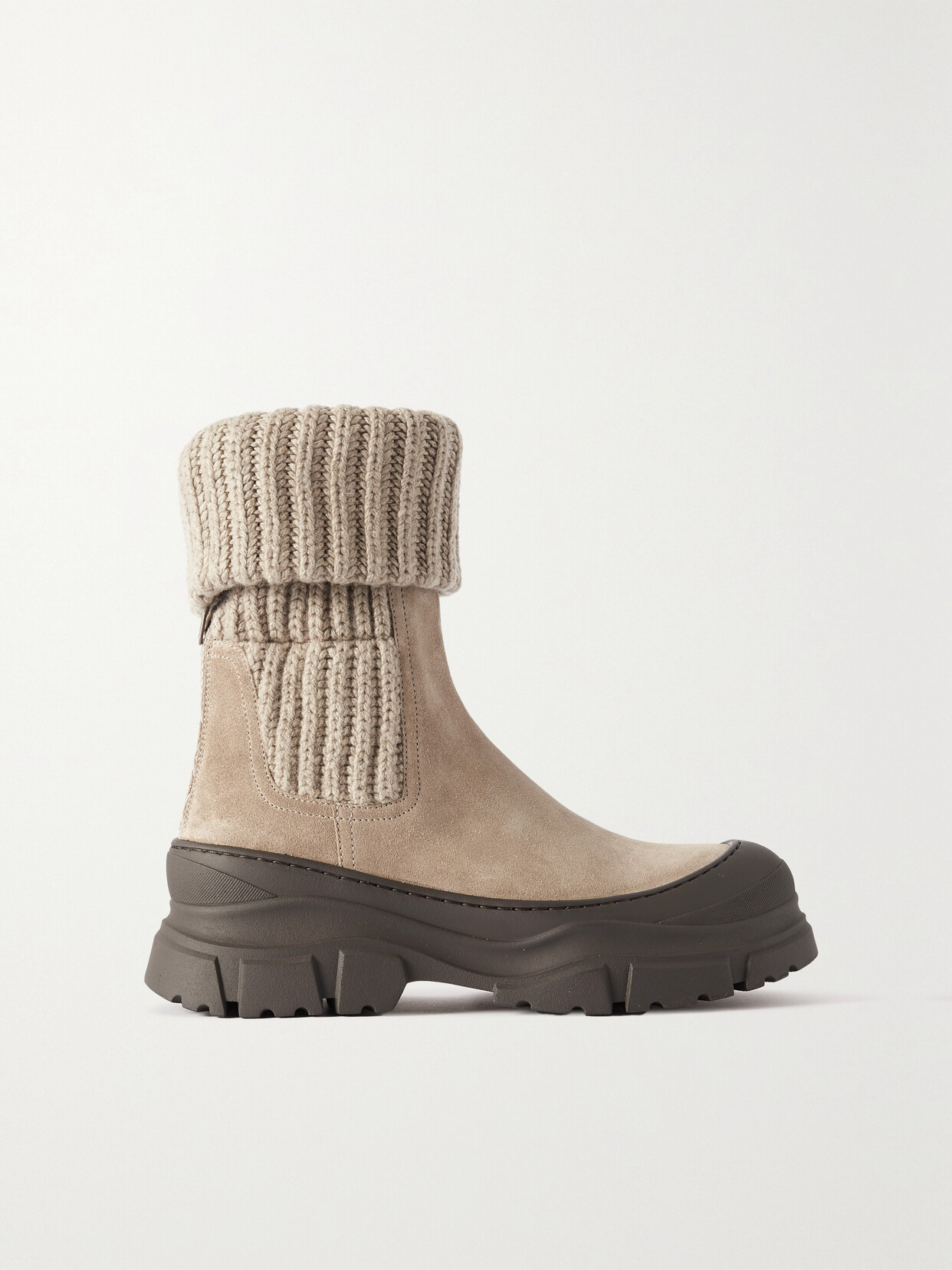 Shop Brunello Cucinelli Suede-trimmed Ribbed-knit Ankle Boots In Brown