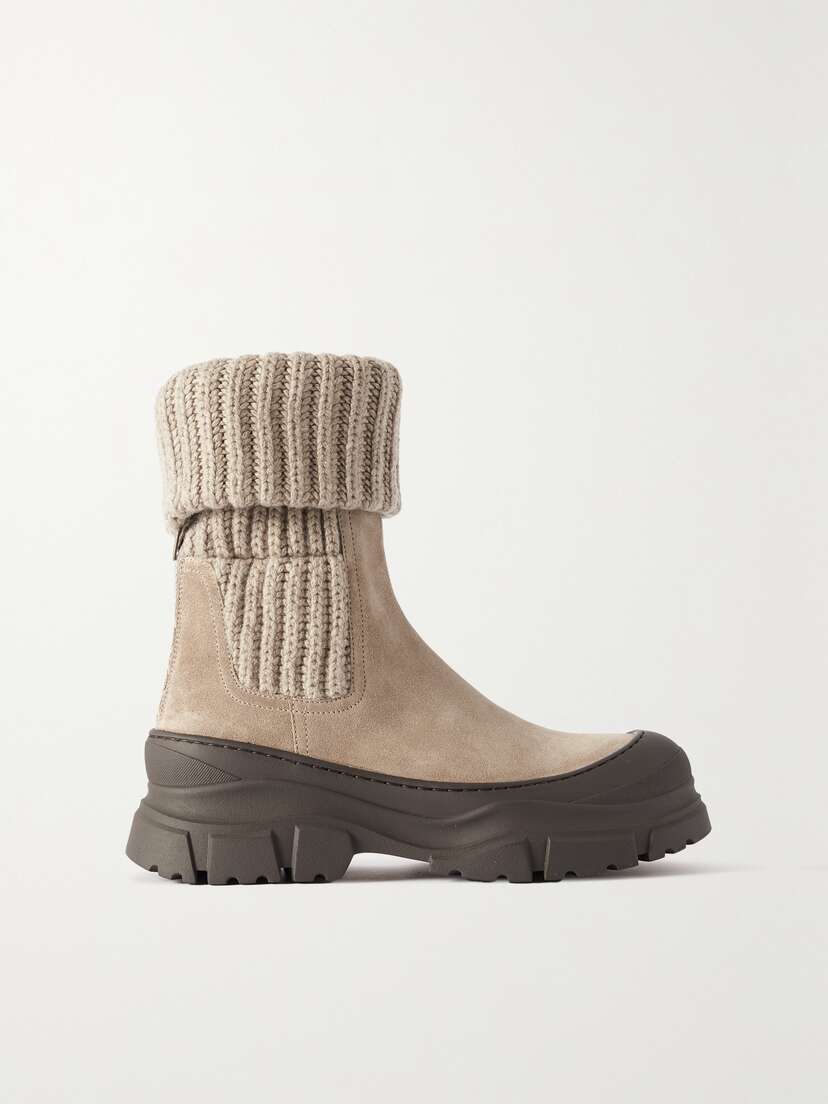 Brunello Cucinelli Suede-trimmed Ribbed-knit Ankle Boots