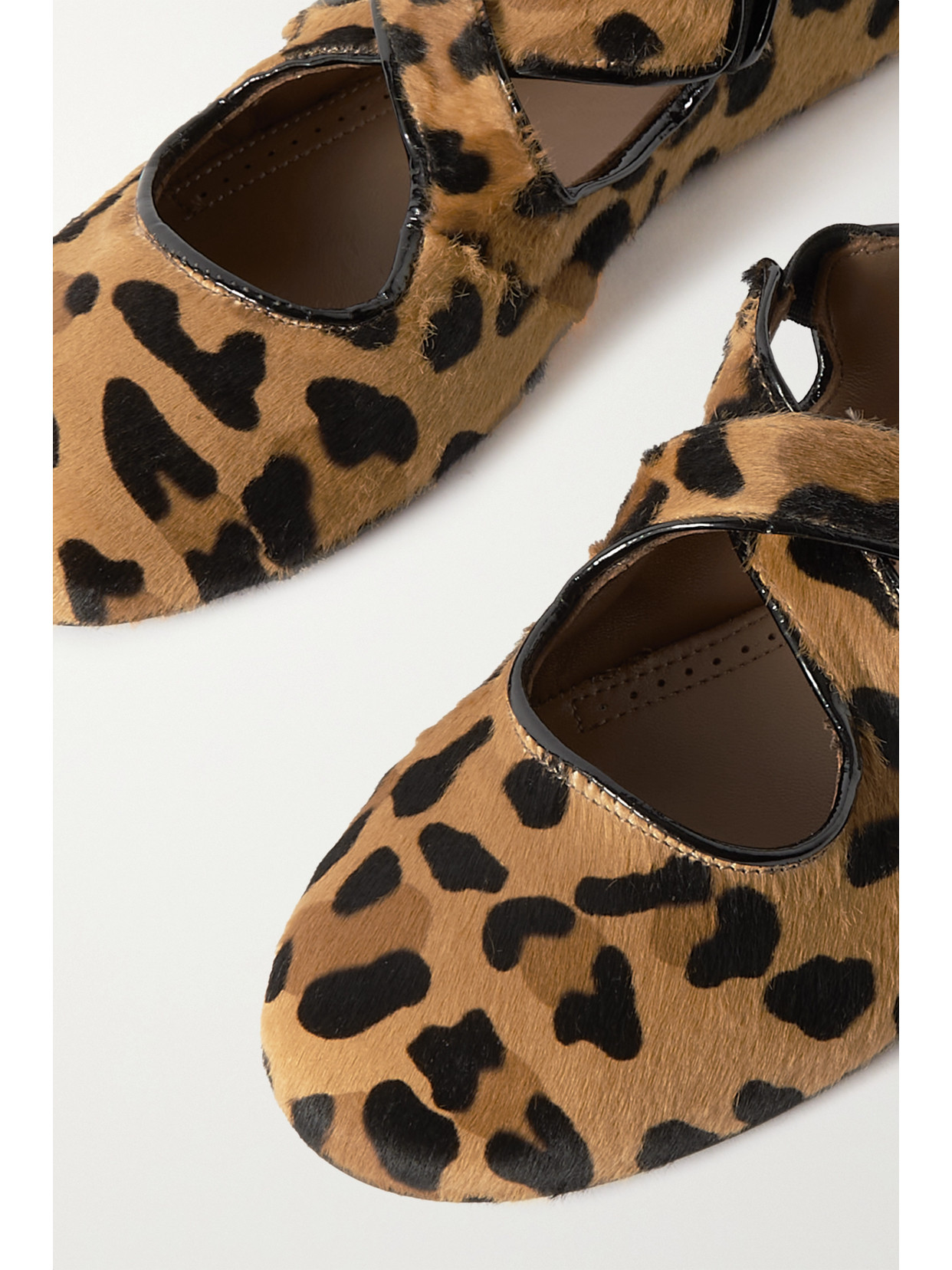 Shop Alaïa Criss Cross Patent-leather Trimmed Leopard-print Calf Hair Ballet Flats