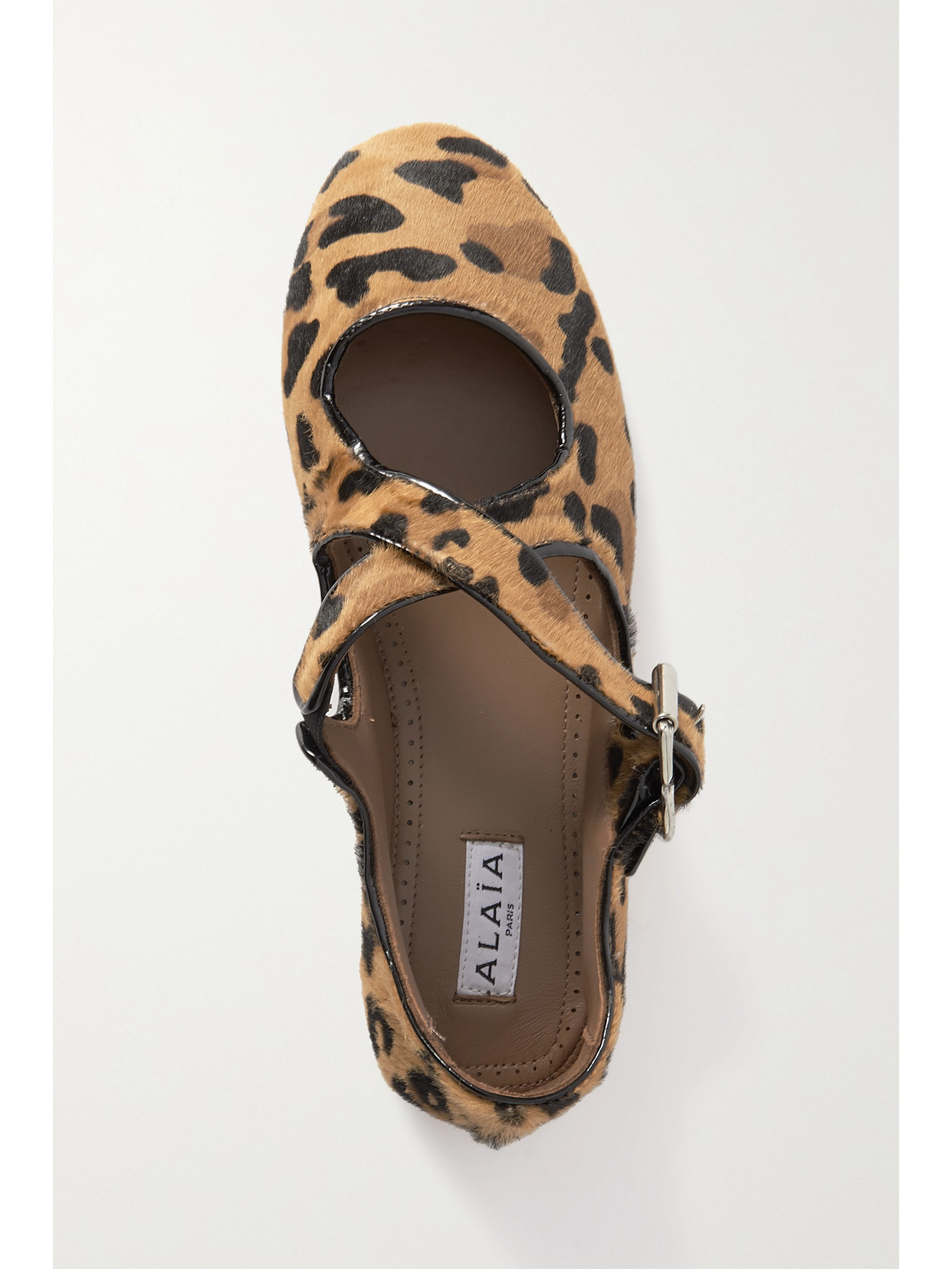 Shop Alaïa Criss Cross Patent-leather Trimmed Leopard-print Calf Hair Ballet Flats