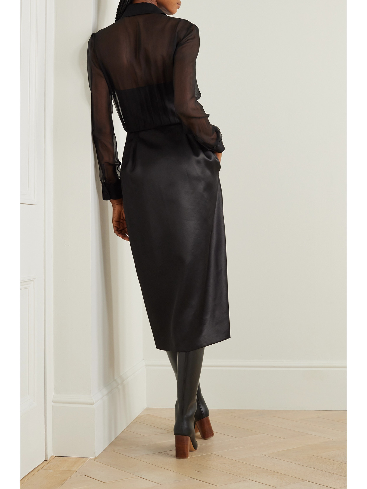 Shop Gabriela Hearst + Net Sustain Beatrice Organic Wool And Silk-blend Satin-twill And Silk-chiffon Dress In Black