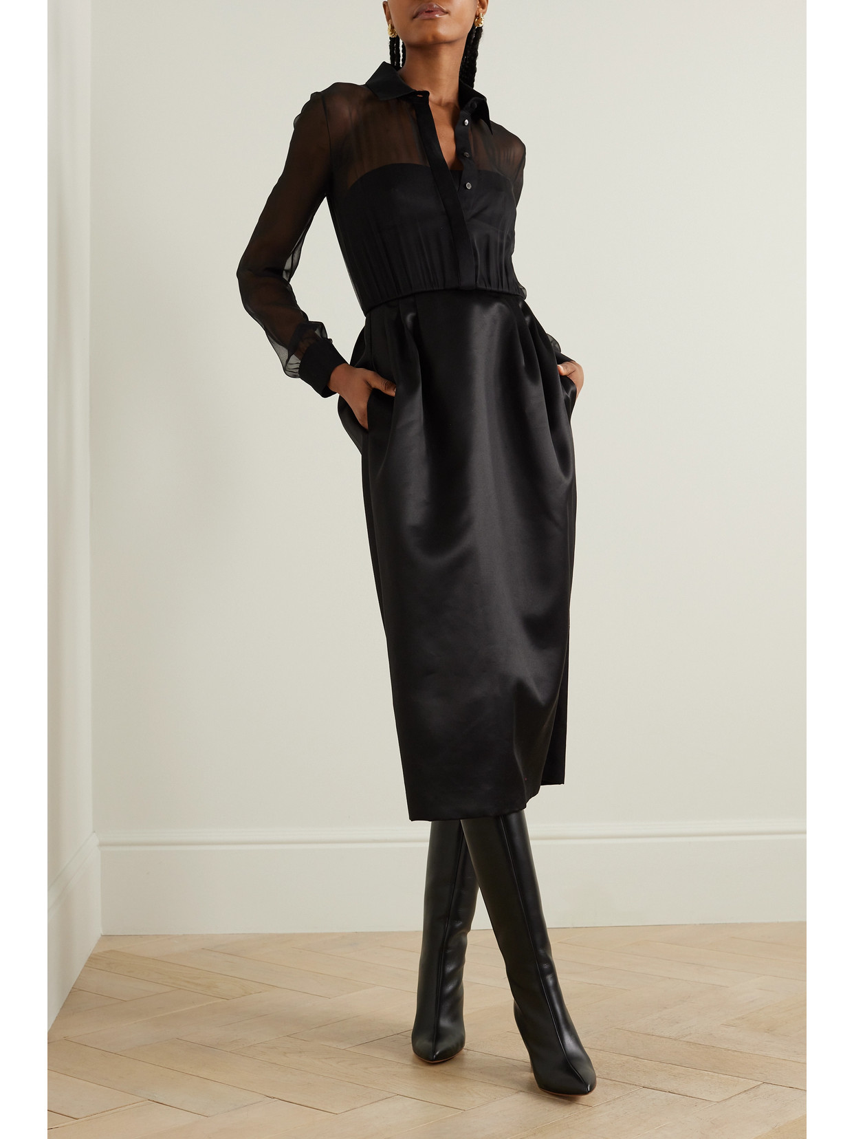 Gabriela Hearst Beatrice Layered Organic Wool And Silk-blend Satin-twill And Silk-chiffon Midi Dress In Black