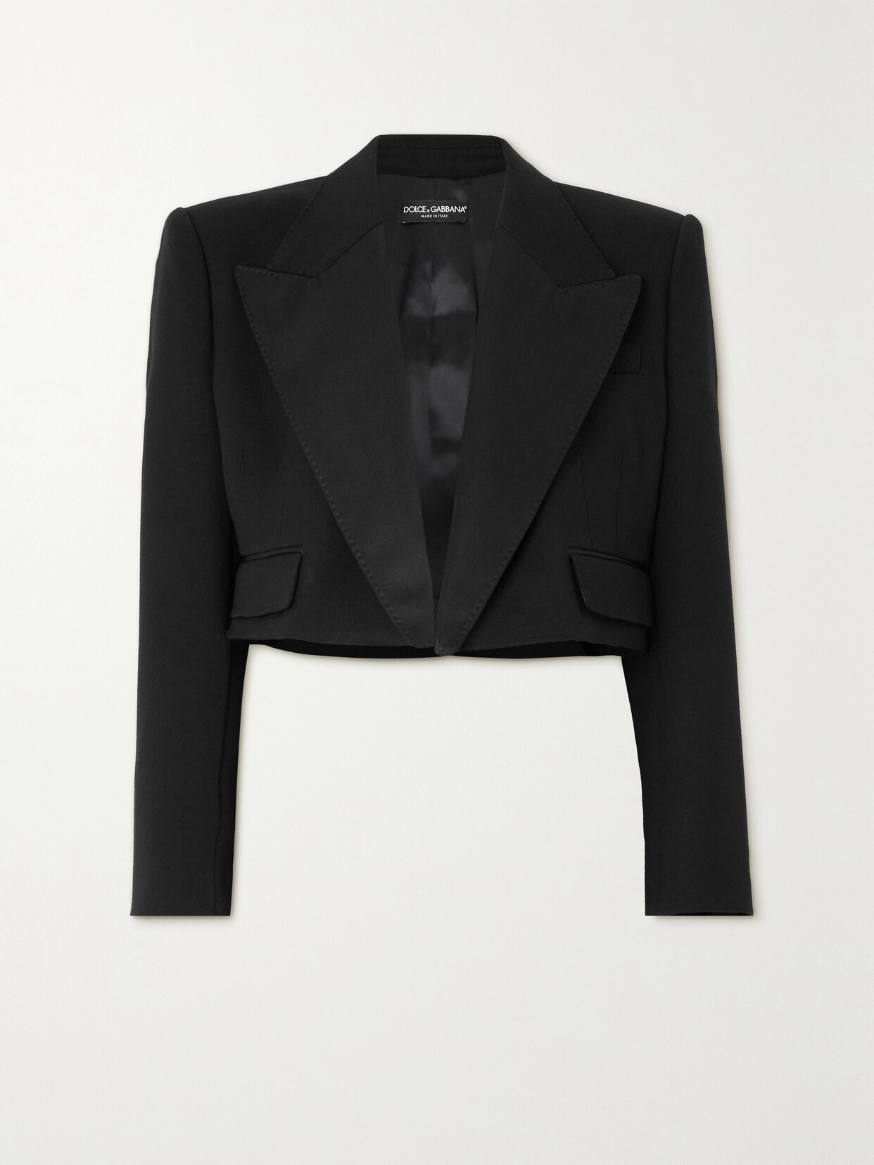 Dolce & Gabbana Cropped Satin-trimmed Wool-blend Blazer In Black