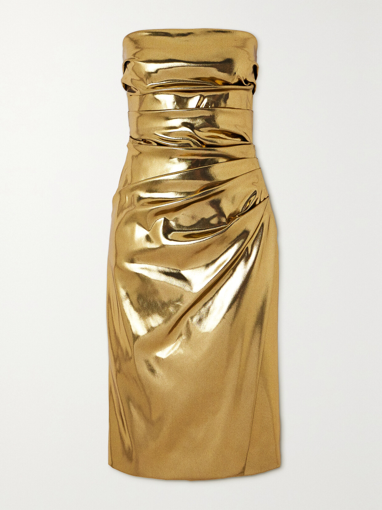 Dolce & Gabbana Strapless Ruched Metallic Coated-satin Dress In Gold