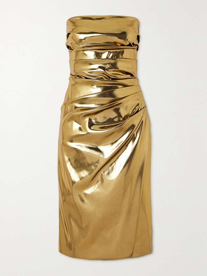 Dolce & Gabbana Strapless Ruched Metallic Coated-satin Dress