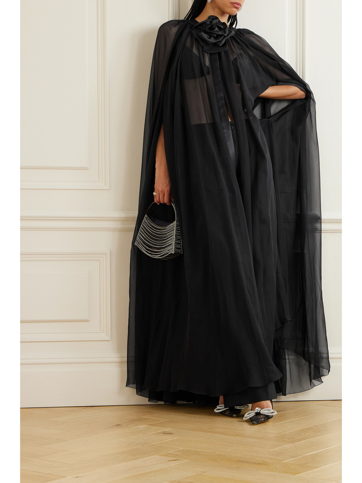 Shop Dolce & Gabbana Embellished Satin-trimmed Silk-chiffon Cape In Black