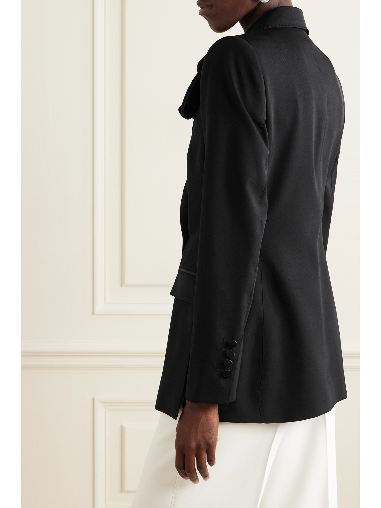 Shop Dolce & Gabbana Appliquéd Silk-satin Trimmed Double-breasted Wool-blend Blazer In Black