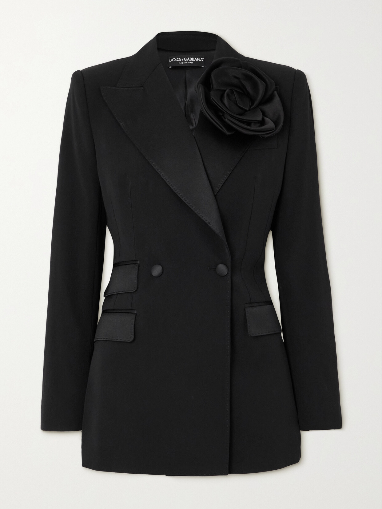 Dolce & Gabbana - Appliquéd Silk-satin Trimmed Double-breasted Wool-blend Blazer - Black