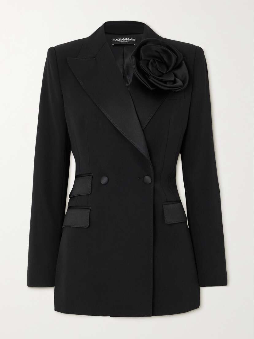 Dolce & Gabbana Appliquéd Silk-satin Trimmed Double-breasted Wool-blend Blazer
