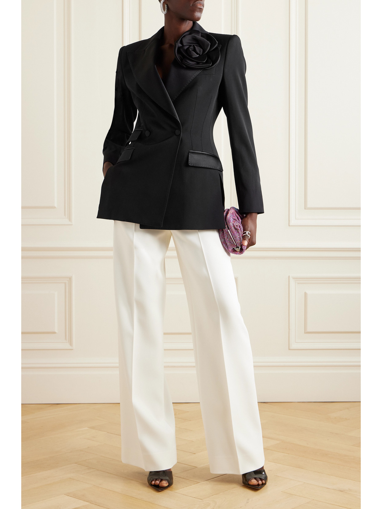 Shop Dolce & Gabbana Appliquéd Silk-satin Trimmed Double-breasted Wool-blend Blazer In Black