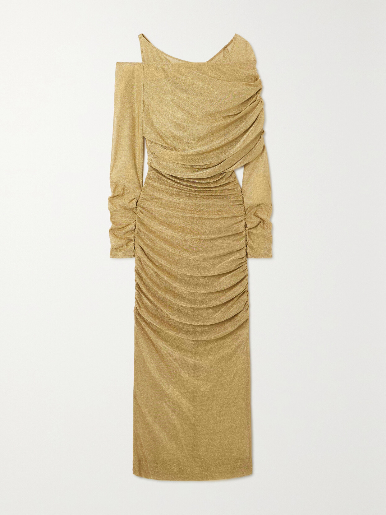 Dolce & Gabbana Cold-shoulder Draped Metallic Knitted Midi Dress In Gold