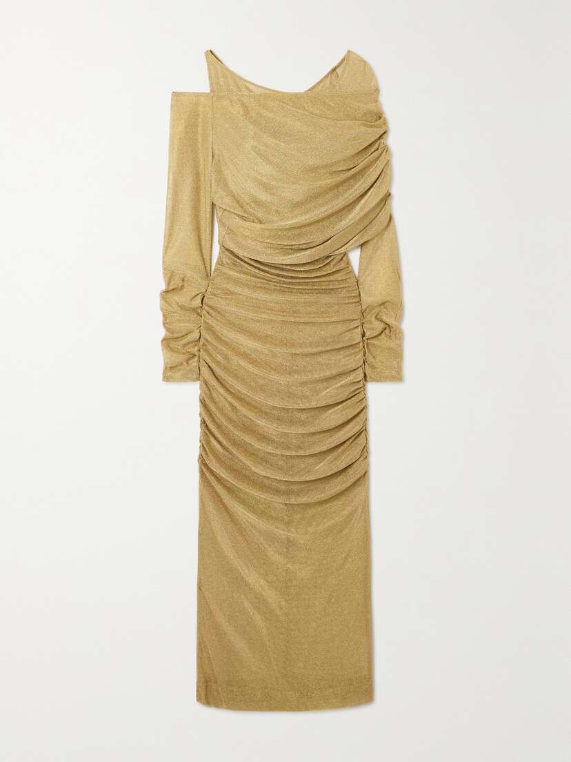 Dolce & Gabbana Cold-shoulder Draped Metallic Knitted Midi Dress