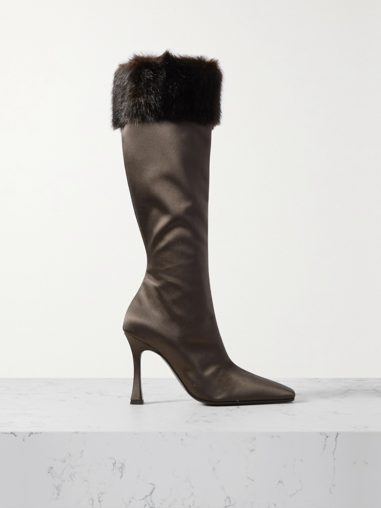 Magda Butrym - Faux Fur-trimmed Satin Knee Boots - Brown