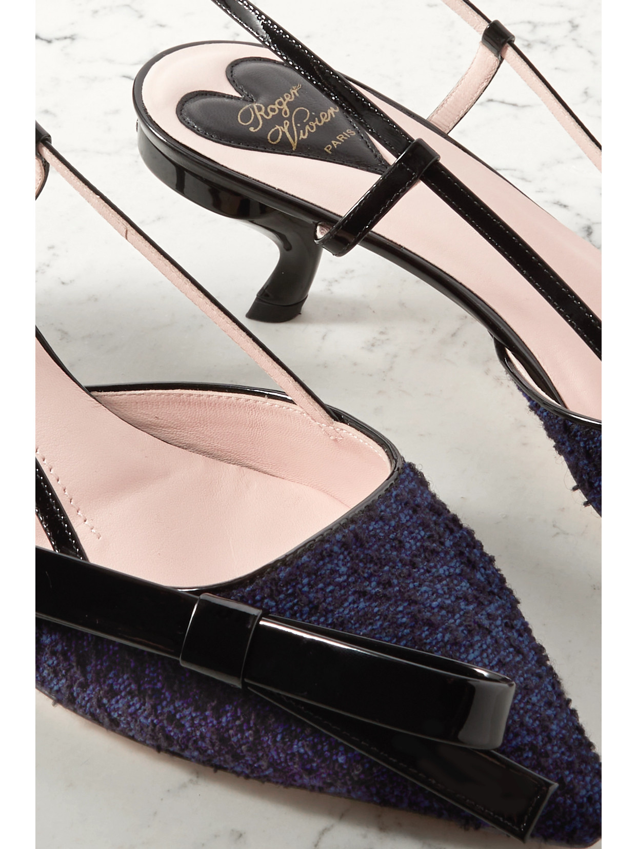 Shop Roger Vivier Virgule Patent-leather And Bouclé-tweed Slingback Pumps In Blue