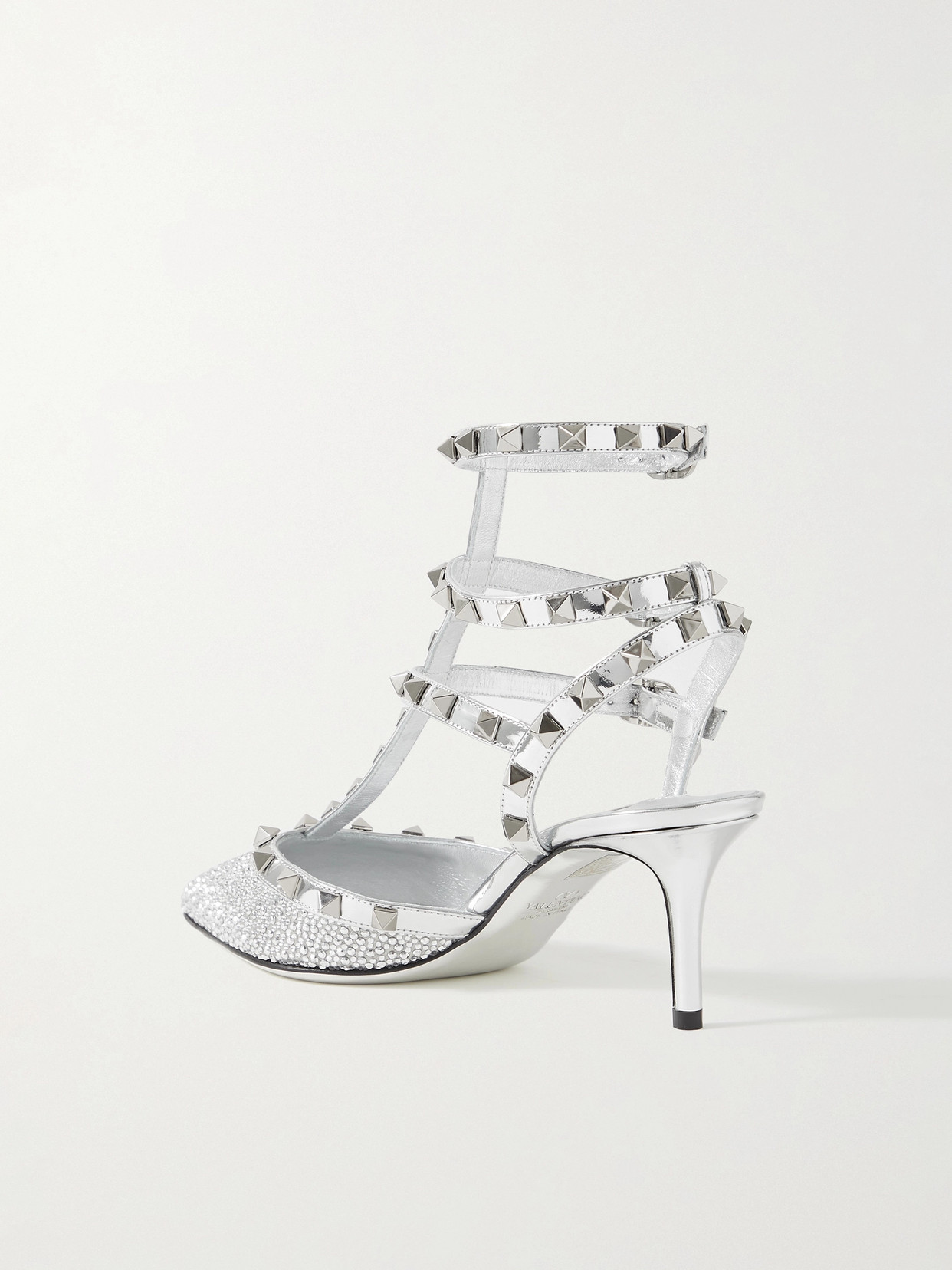Valentino Rockstud 65 Crystal-embellished Metallic Leather Pumps In Silver