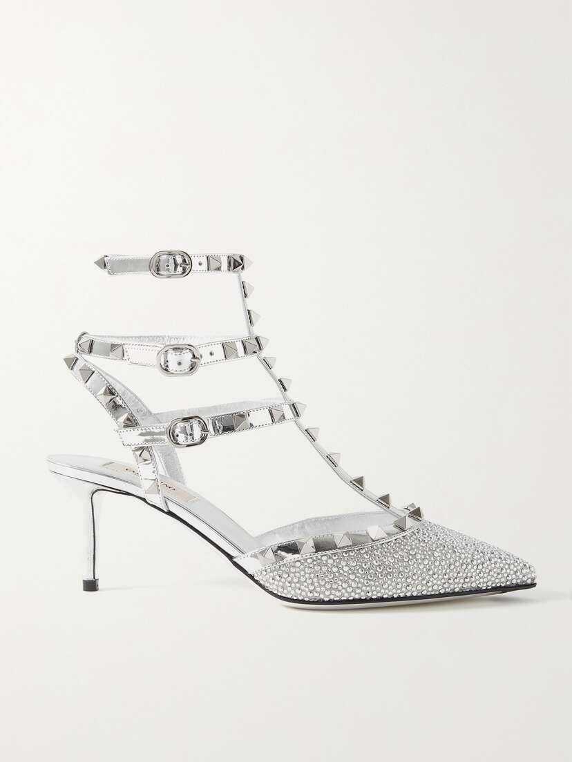 Valentino Garavani Rockstud 65 Crystal-embellished Metallic Leather Pumps