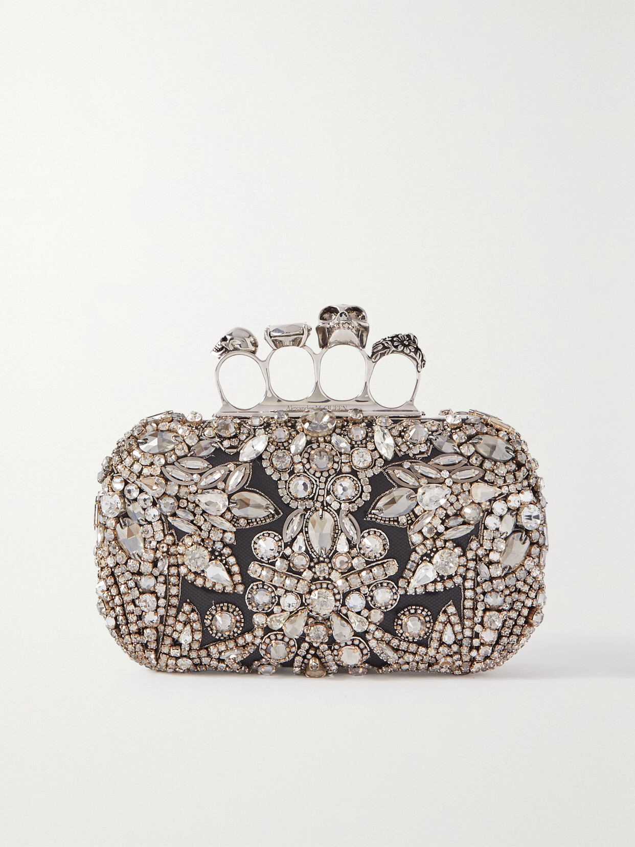 Alexander Mcqueen Four Ring Crystal-embellished Snake-effect Leather Clutch In Silver