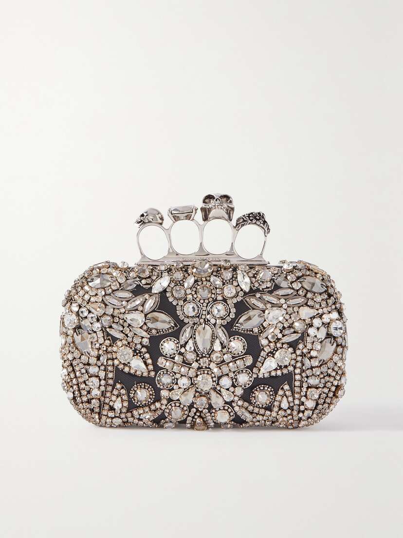 Alexander McQueen Four Ring Crystal-embellished Snake-effect Leather Clutch