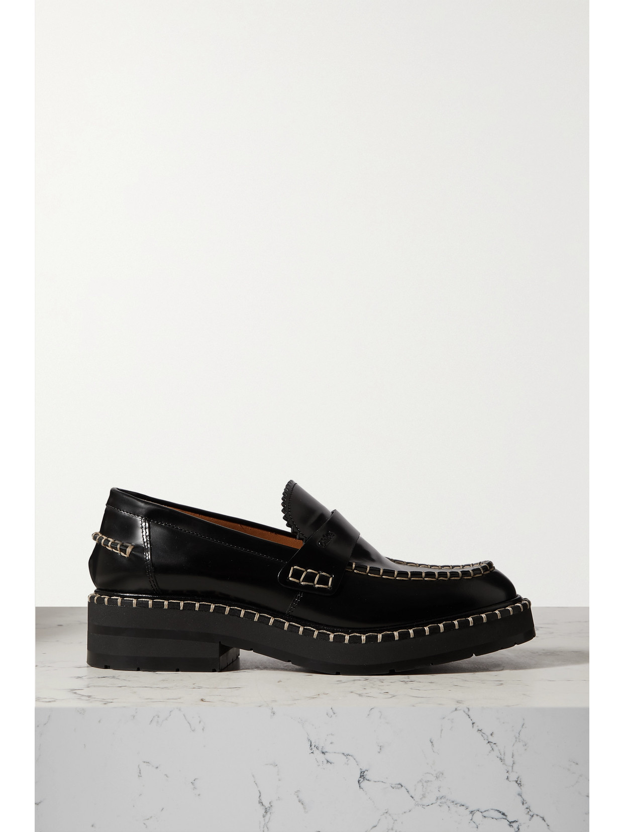 Chloé Noua Whipstitched Leather Loafers - Black