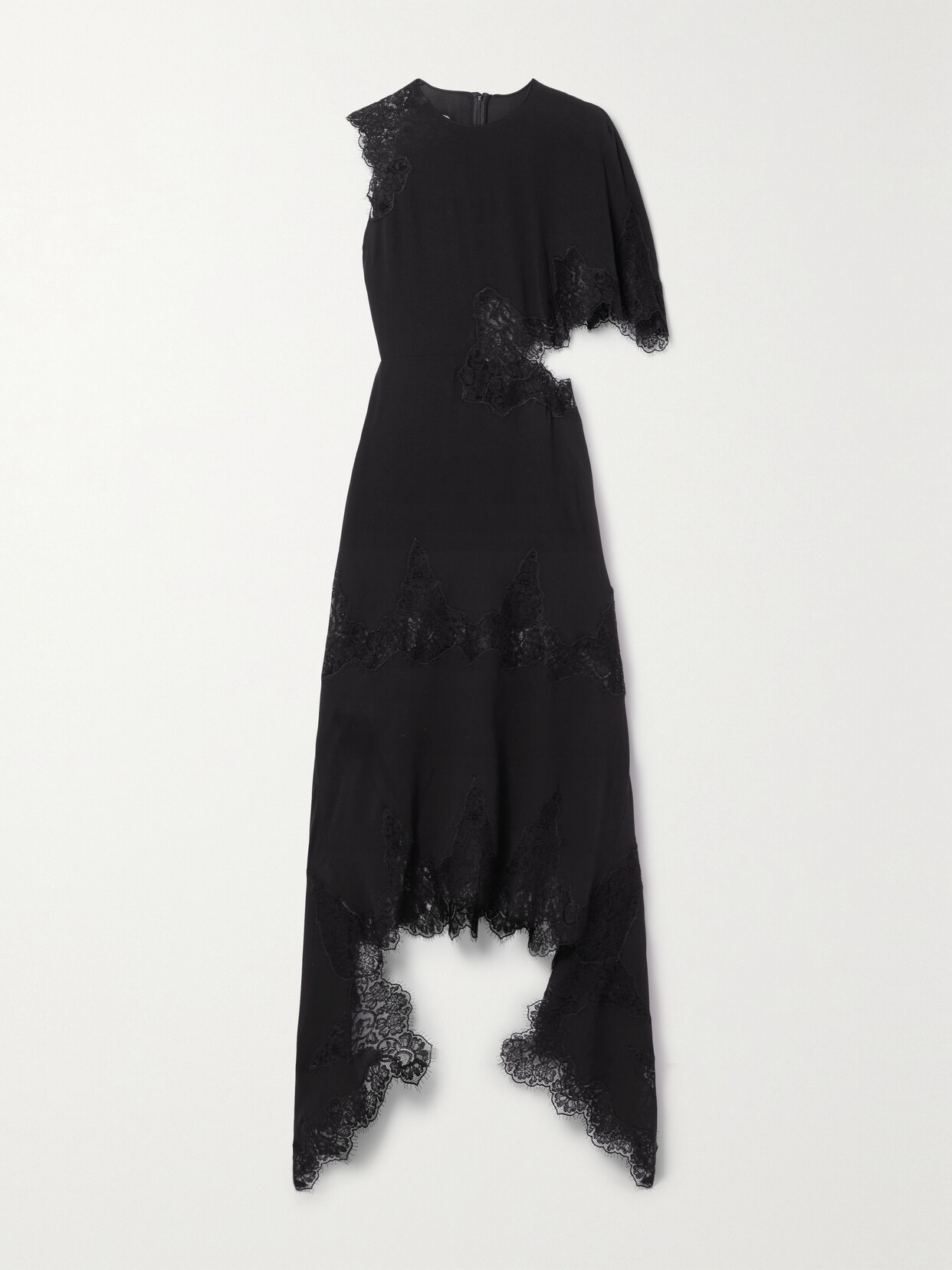 Shop Stella Mccartney + Net Sustain Asymmetric Guipure Lace-trimmed Organic Silk-georgette Midi Dress In Black