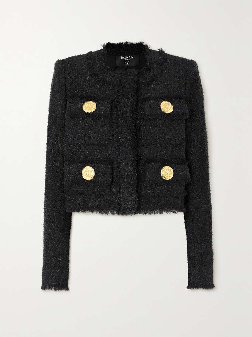 Balmain Cropped Button-embellished Frayed Metallic Tweed Blazer