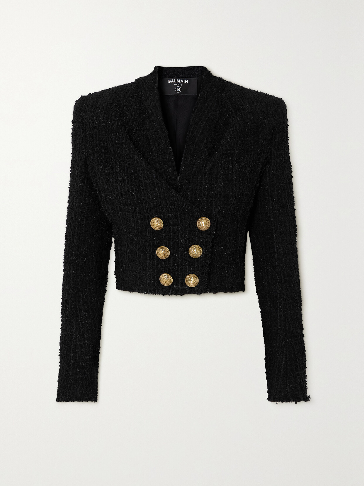 Balmain Button-embellished Metallic Tweed Jacket In Black