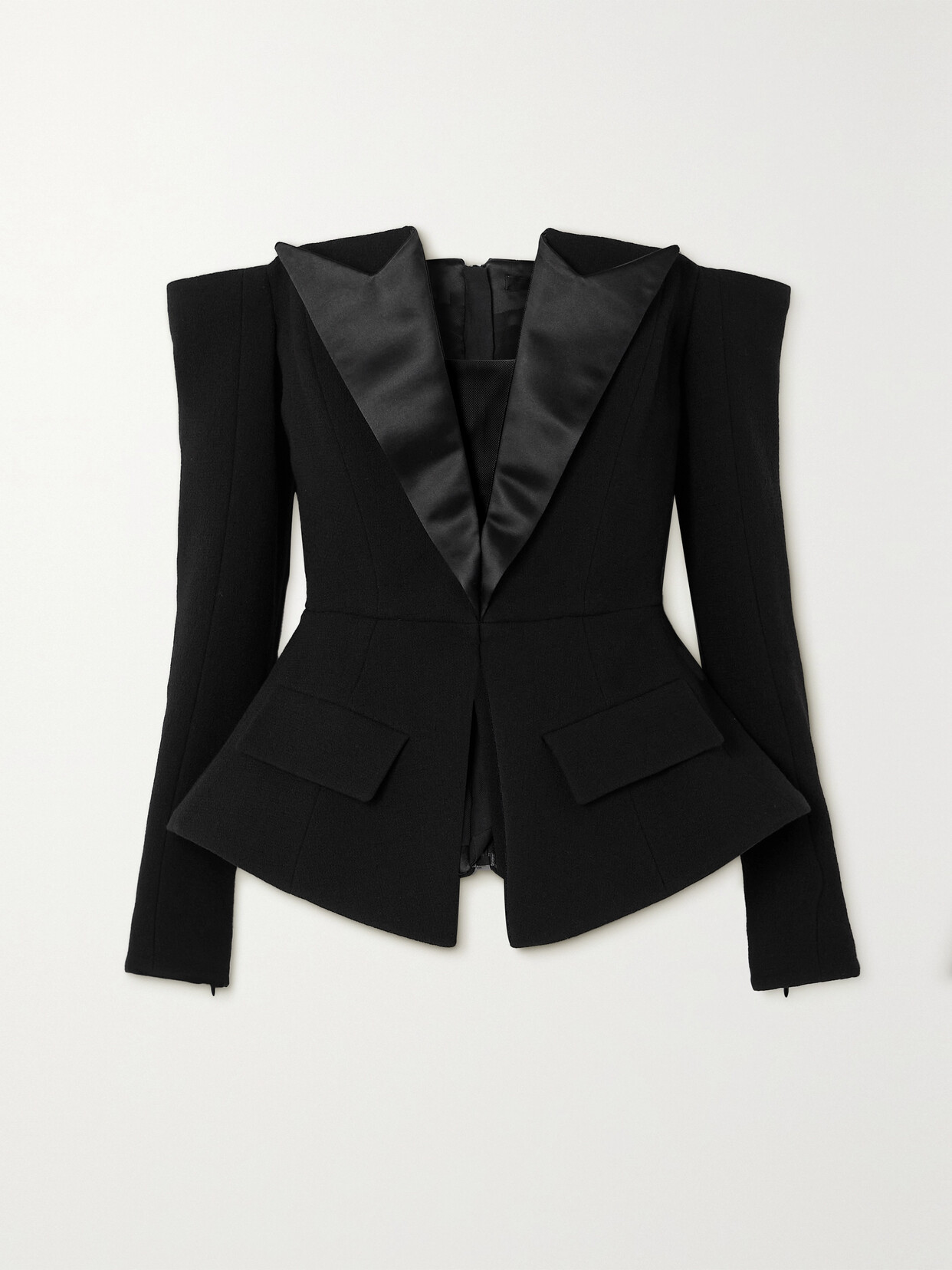 Balmain - Off-the-shoulder Satin-trimmed Wool-crepe Jacket - Black