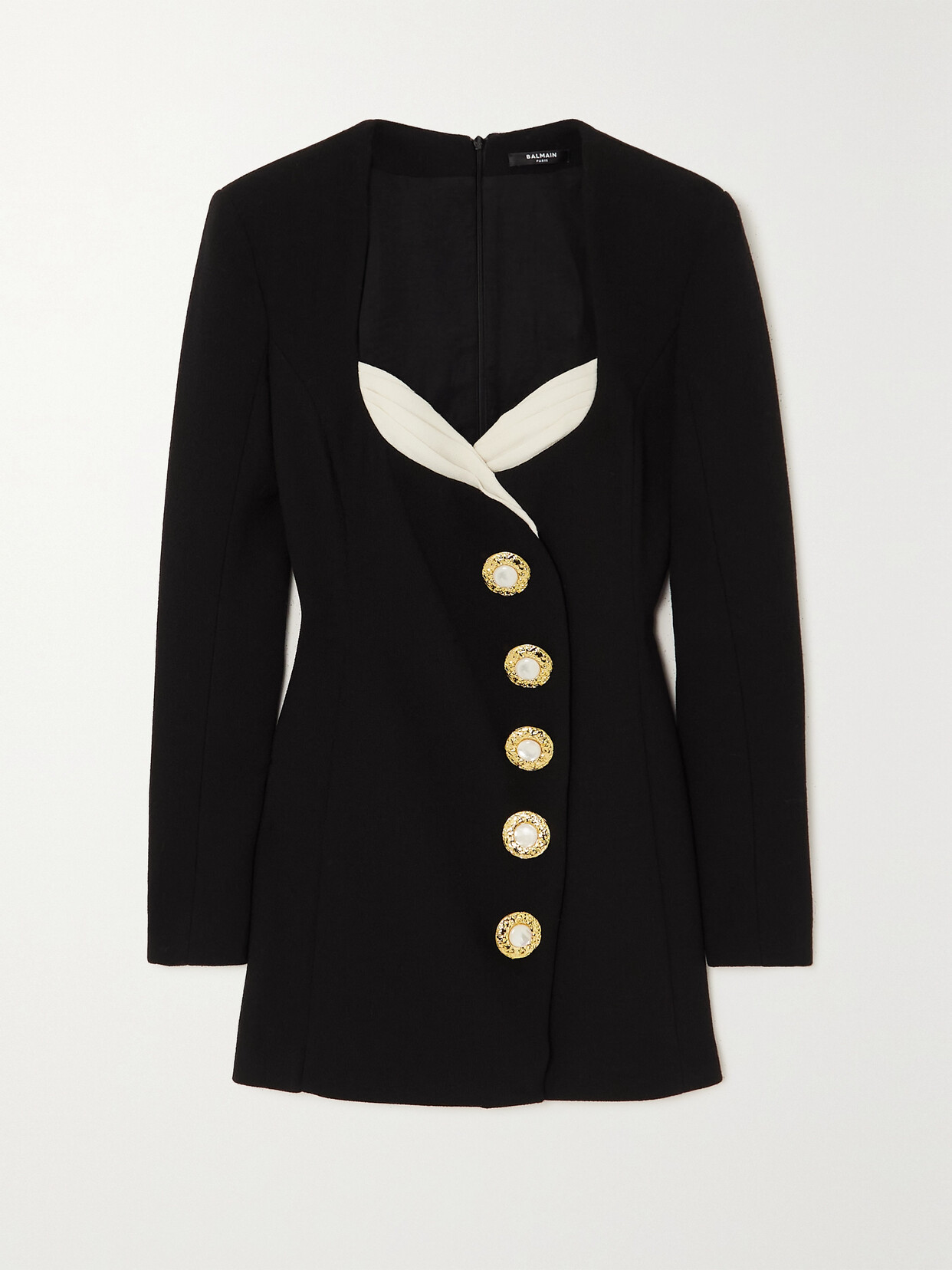 Balmain Pleated Gauze-trimmed Button-embellished Wool Mini Dress - Black