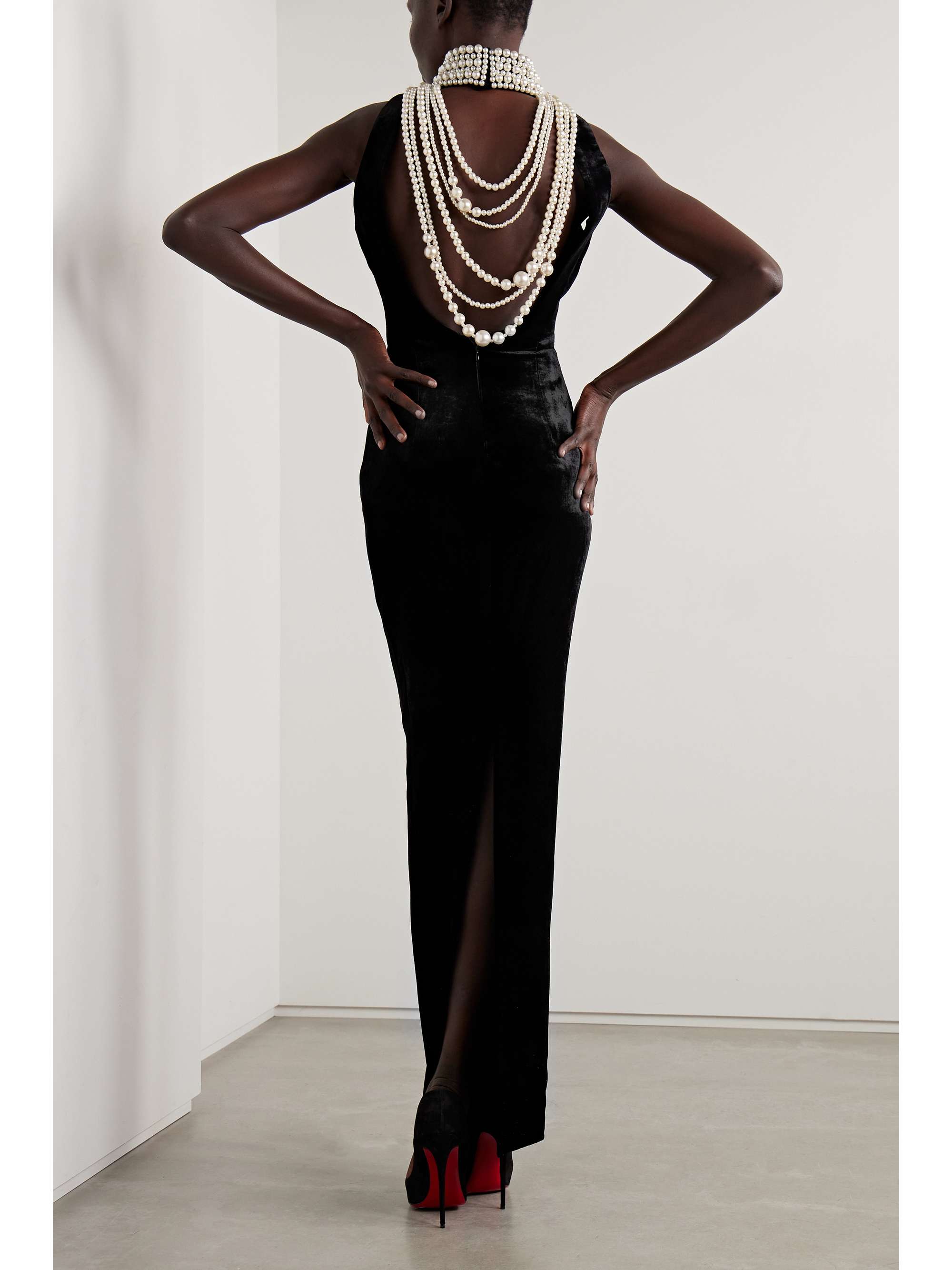 BALMAIN Faux pearl-embellished halterneck velvet gown | NET-A-PORTER