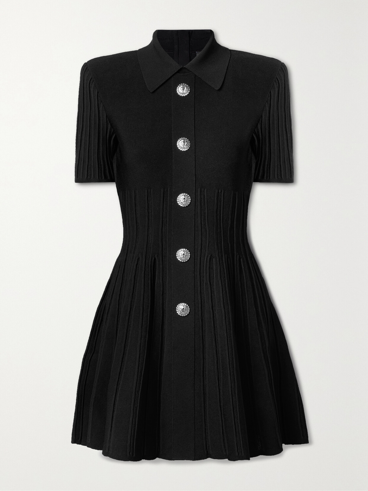 Balmain Short-sleeve Button-front Ribbed Knit Mini Shirtdress In Black