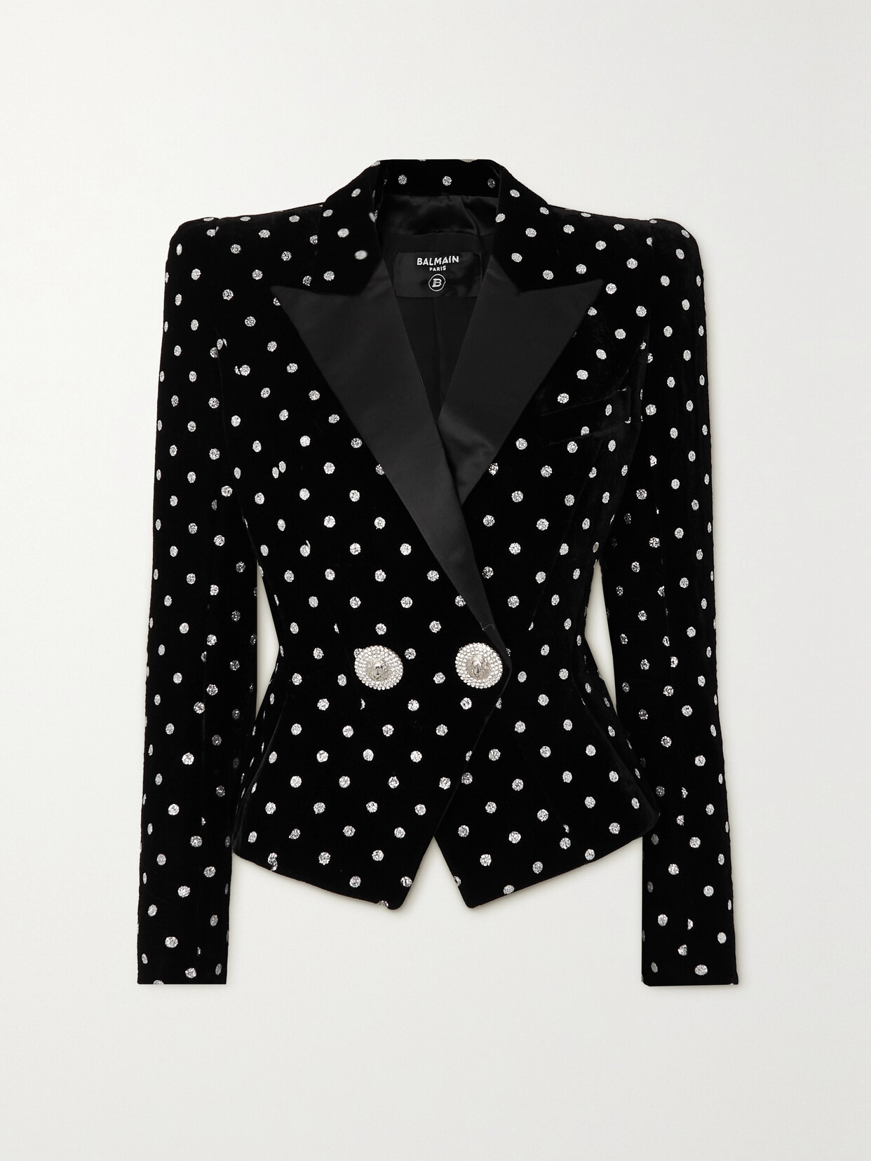 Shop Balmain Satin-trimmed Button-embellished Polka-dot Glittered Velvet Blazer In Black