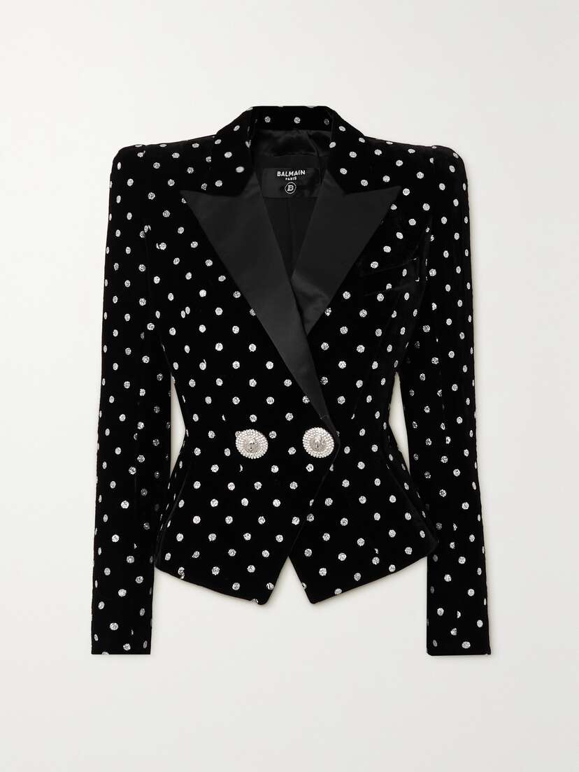 Balmain Satin-trimmed Button-embellished Polka-dot Glittered Velvet Blazer