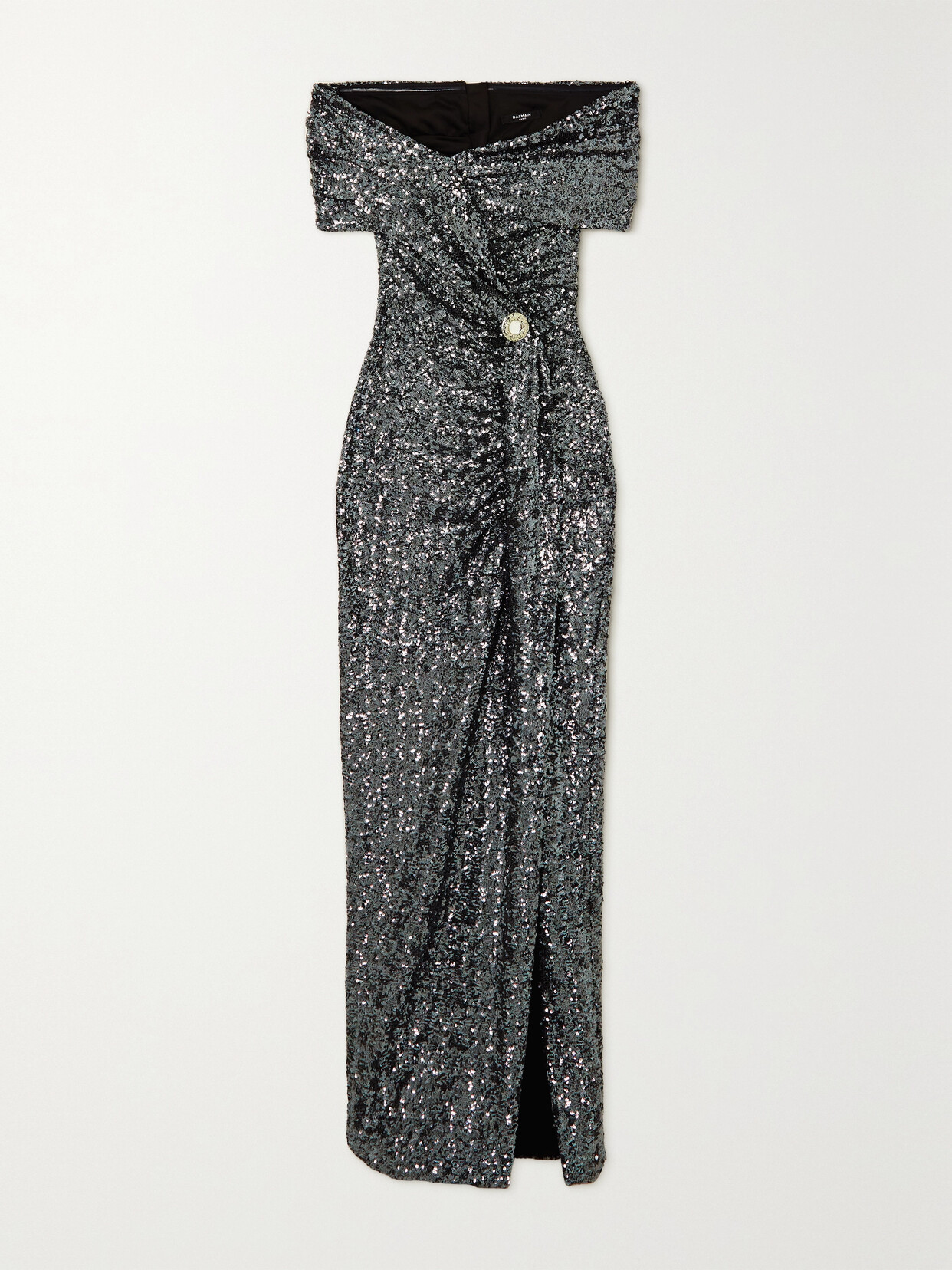 Balmain Long Draped Off-shoulders Sequin Dress In Polyester Woman In Silver