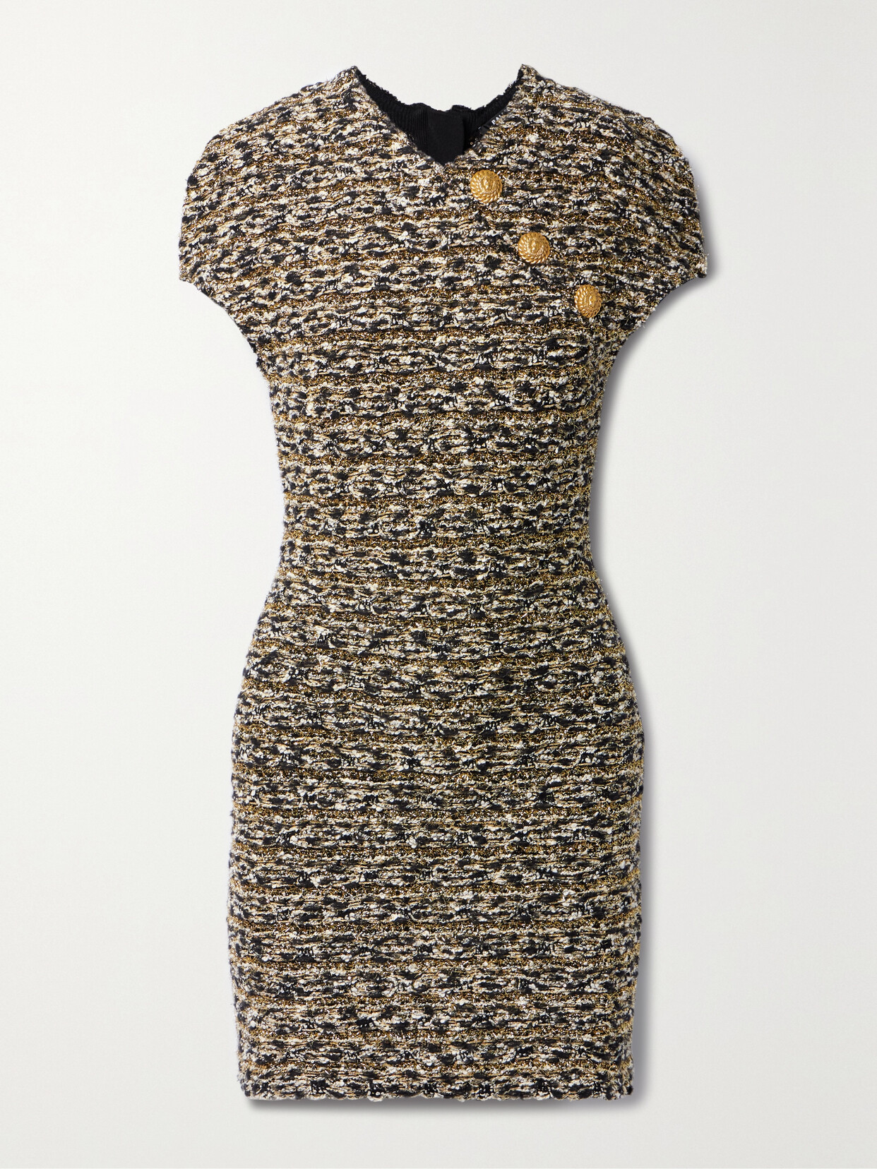 Balmain - Button-embellished Metallic Bouclé-tweed Mini Dress - Brown