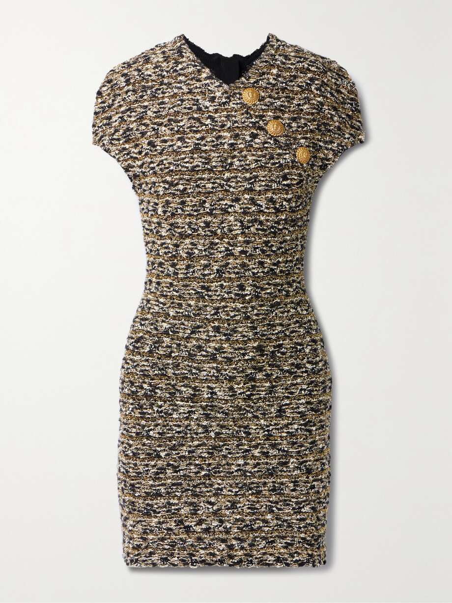 net-a-porter.com | Button-embellished metallic bouclé-tweed mini dress