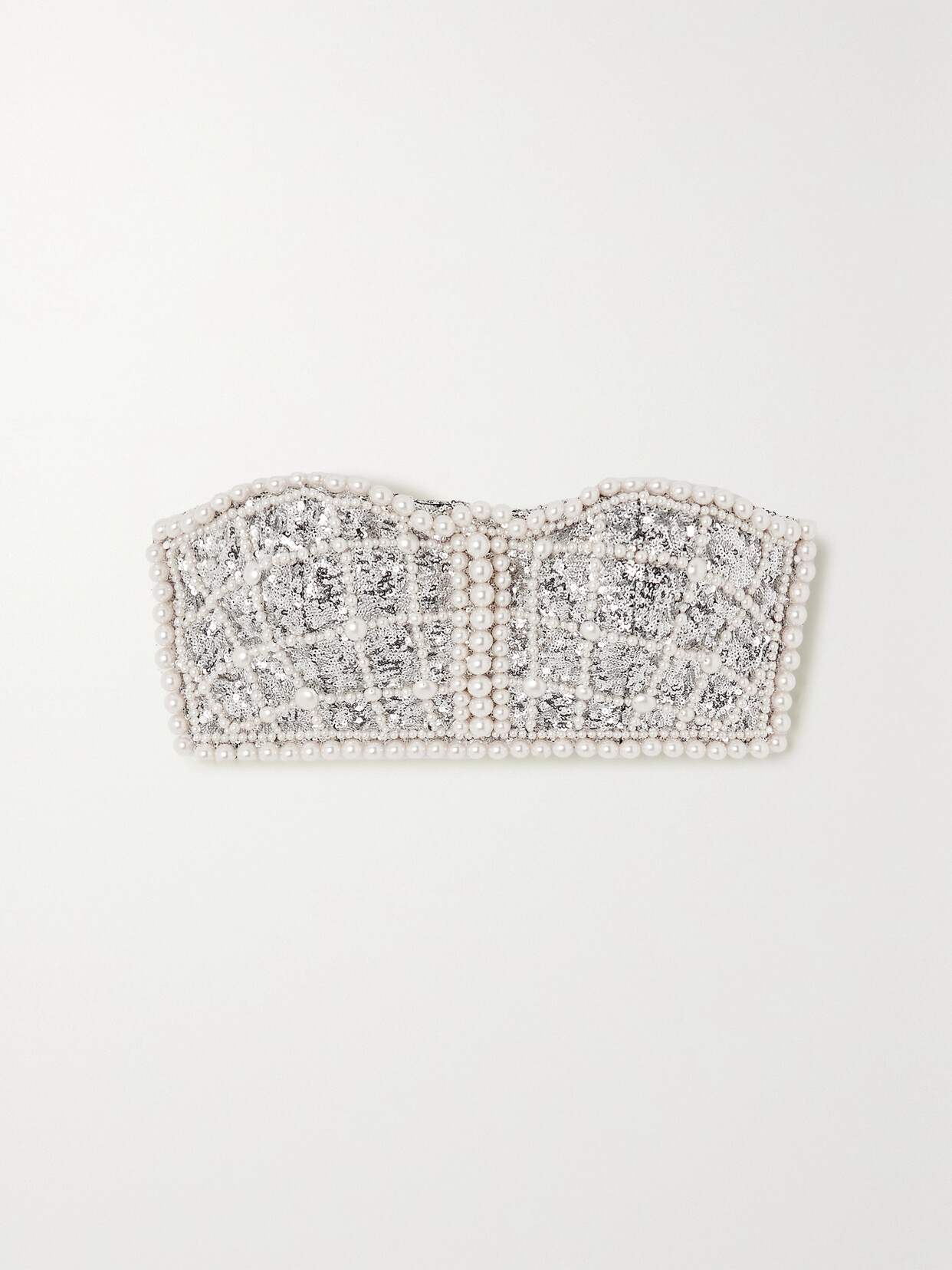 Balmain Cropped Faux Pearl-embellished Sequinned Chiffon Bustier Top - Silver