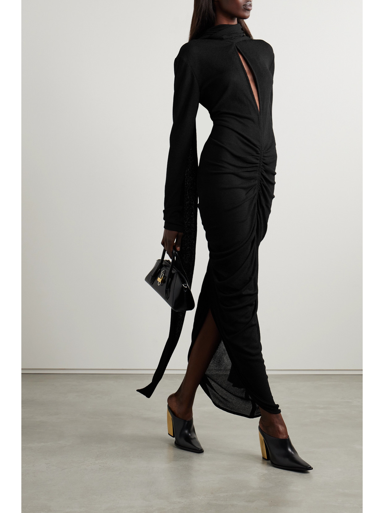 Shop Givenchy Cutout Ruched Stretch-crepe Turtleneck Gown In Black