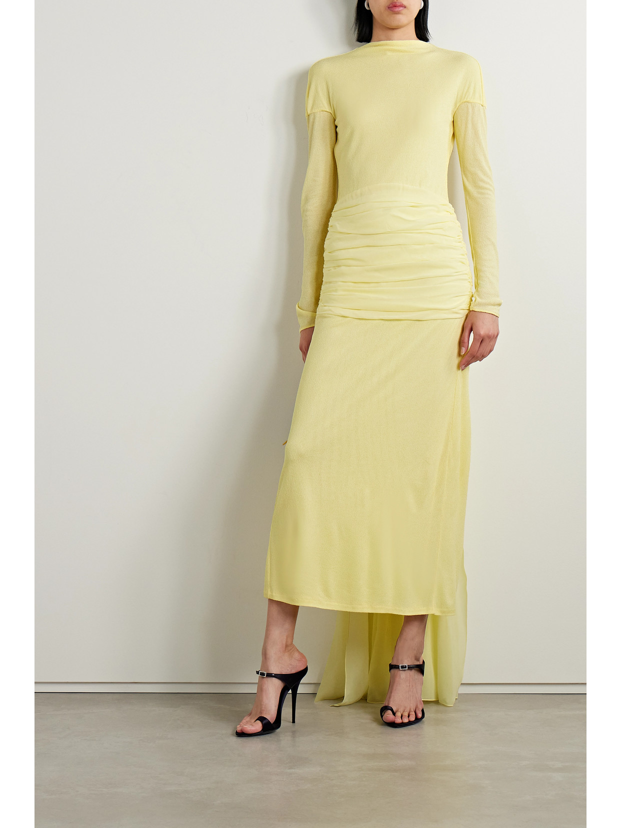 Shop Givenchy Paneled Ruched Crepe Gown In Yellow