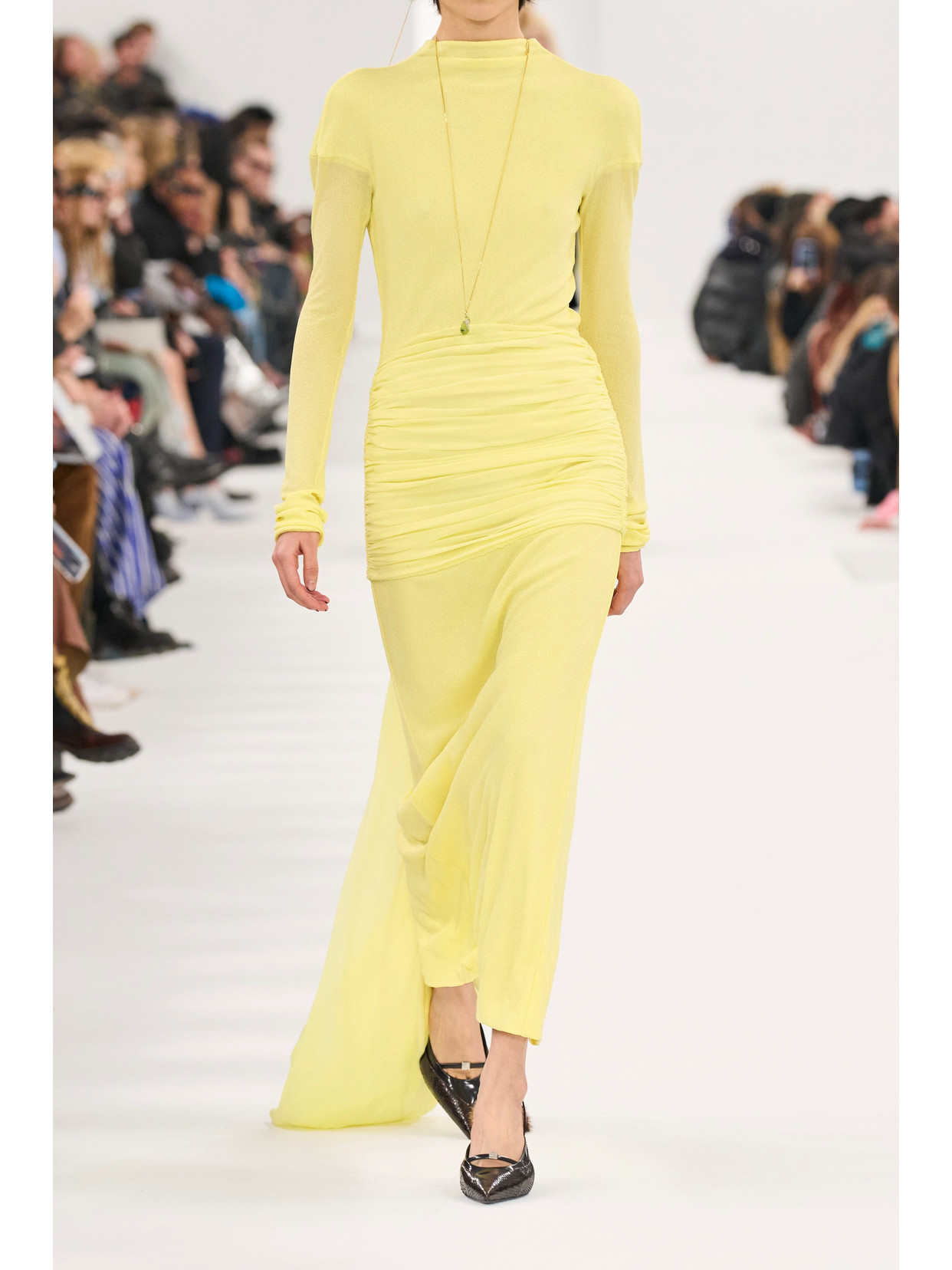 Shop Givenchy Paneled Ruched Crepe Gown In Yellow