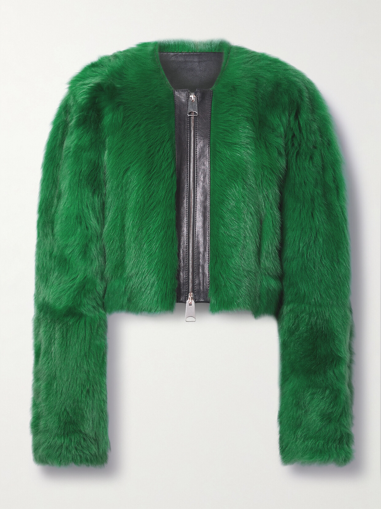 Shop Khaite Gracell Cropped Leather-trimmed Shearling Jacket In Green