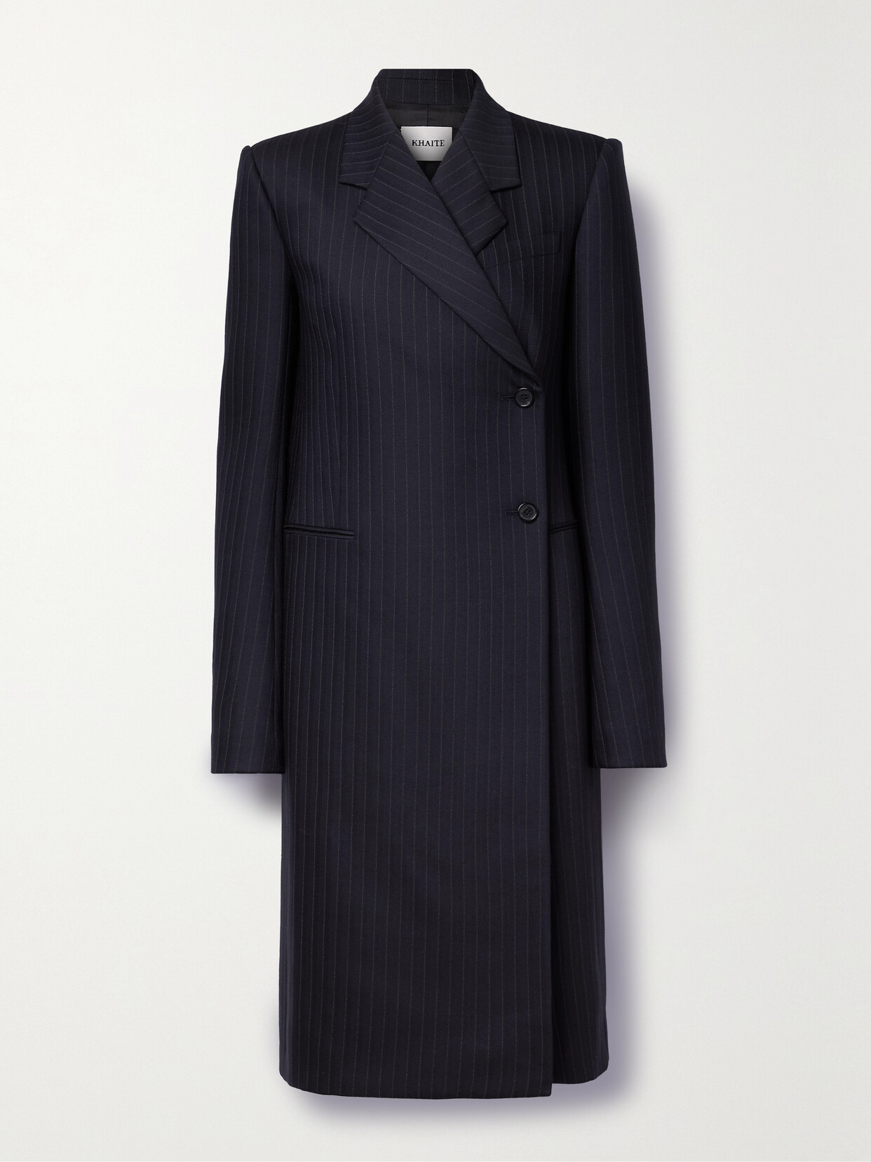 Khaite Kento Pinstriped Wool-cotton Coat In Navy
