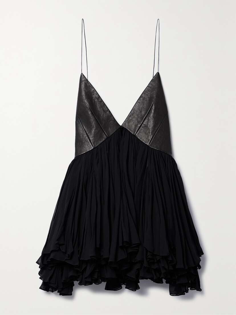 Khaite Anita Open-back Leather And Gathered Silk-georgette Top